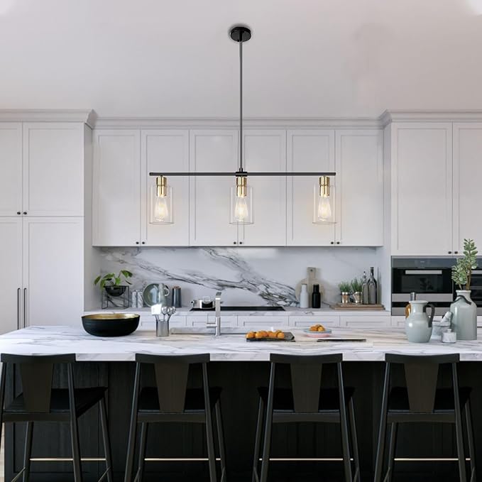Kitchen Island Lighting, 3 Lights Linear Farmhouse Chandelier, Black and Gold Dining Room Light Fixture with Glass Shades, Modern Industrial Pendant Lights