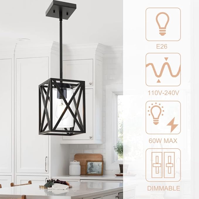 1-Light Industrial Hanging Light Fixtures with Clear Glass Shade, Farmhouse Pendant Lighting for Kitchen Island for Dining Room Hallway Foyer