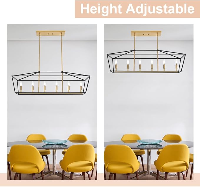 6-Lights Farmhouse Dining Room Chandelier, Rectangle Candle Pendant Lighting in Black Gold Finish, Kitchen Island Lighting for Living Room Restaurant