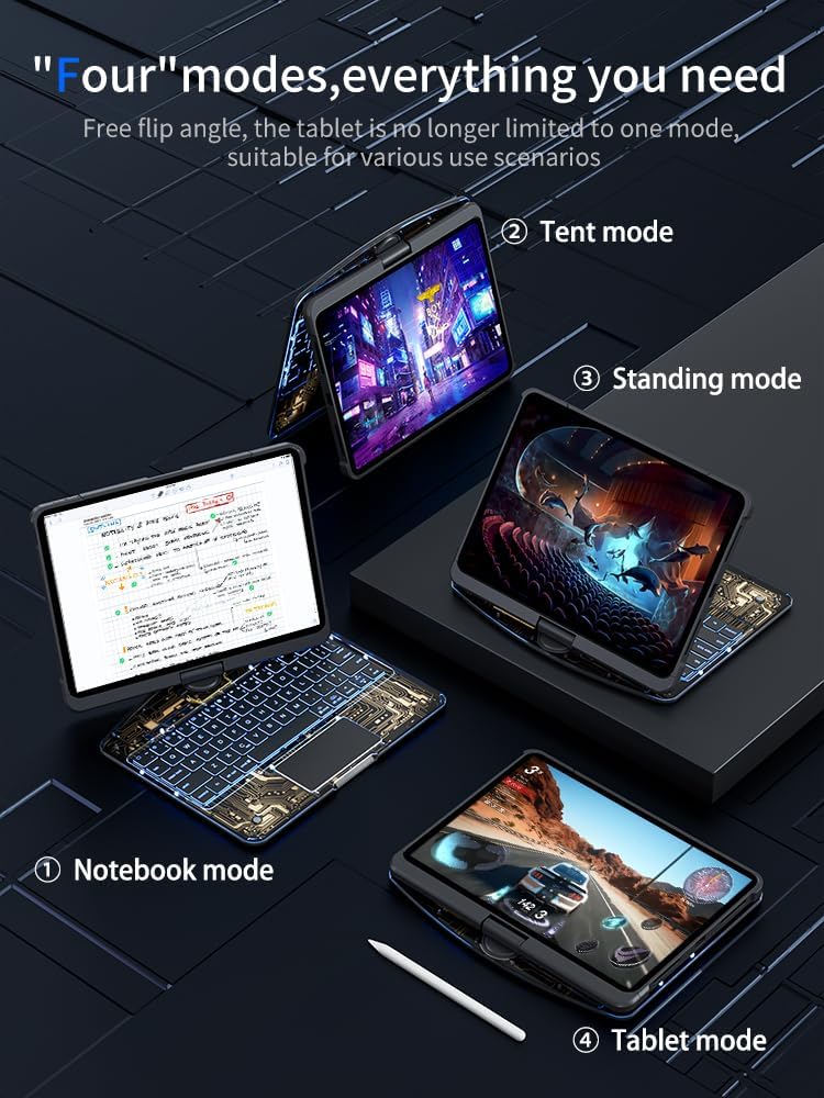Transparent 360 for iPad keyboard case with Wireless Keyboard for iPad Air 13 inch(M3/M2, 2025/2024), Trackpad, 7 Color Backlight, 360° Rotating Stand for iPad Pro 12.9" 2018-2022(6/5/4/3 Gen)