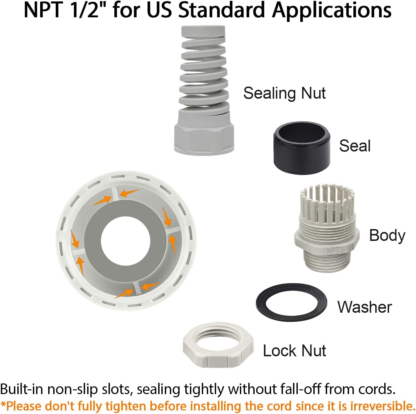LeMotech 5Pcs NPT 1/2" IP68 Waterproof Cable Gland Flex Spiral Strain Relief Grey Nylon Joint with Gaskets for 6-12mm Wire Thread