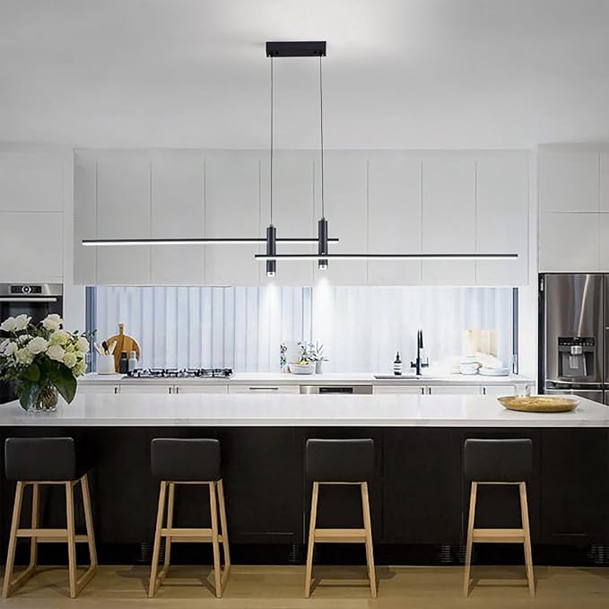 Modern LED Chandelier47.3 Black Kitchen Island Pendant Light Fixtures Linear Pendant Lighting with Remote Dining Rooms Living Room Dimmable 3000K-6000K