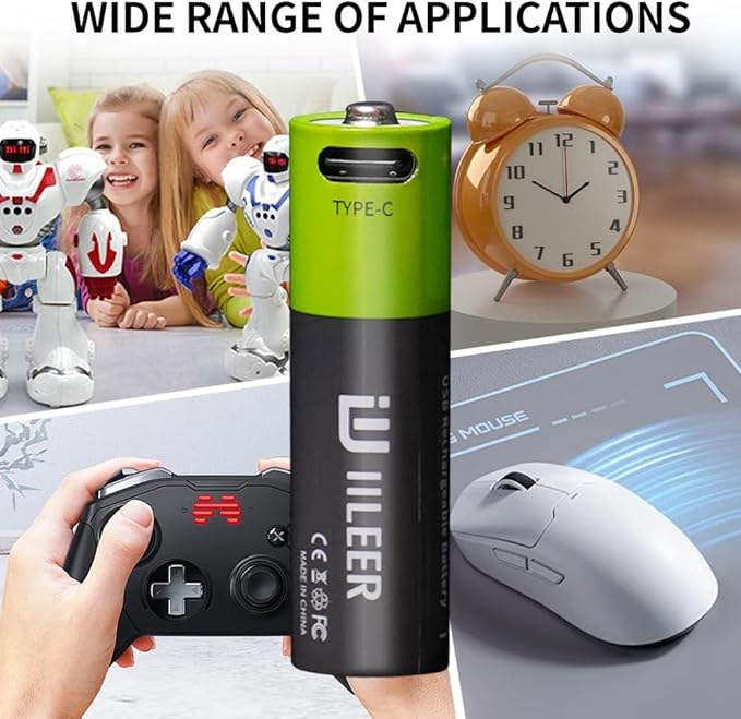 2000mAh USB-C Rechargeable AA Batteries, 1200 Cycles Life, Fast Charging with Type-C Cable, for Gaming Controllers, Mouse, Keyboard & Home Electronics, Black Green (4)
