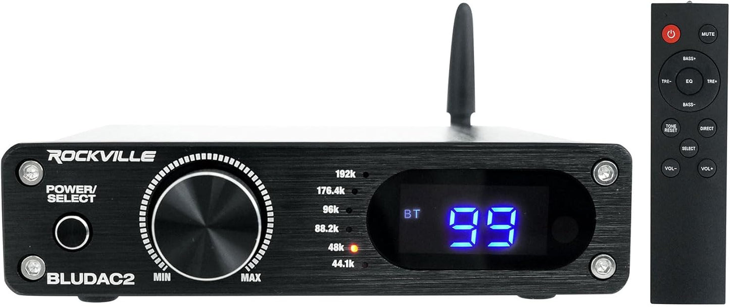 Rockville BLUDAC2B 75W x 2 Hi-Res 192K DAC Amplifier Home Bluetooth Receiver, Optical/Sub Out, USB-C, Class-D for Home Audio