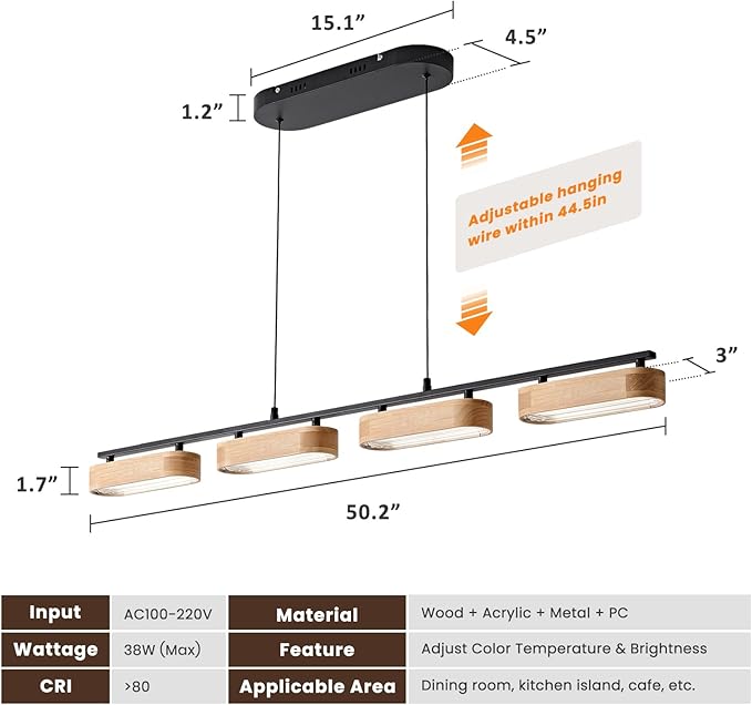 50.2" Linear Island Lights for Kitchen, 38W Wood Chandeliers for Dining Room, LED Rustic Dimmable Lighting Fixture for Farmhouse, 4-Light Pendant Lights for Kitchen Island Over Table