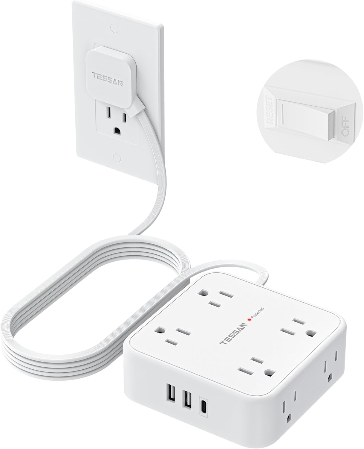 TESSAN 10 Ft Flat Plug Extension Cord with Multiple Outlets, Surge Protector Power Strip with 3 USB(1 USB C) 8 Outlets, 900J Protection, Desk Charging Station for Home, Dorm Room Essentials, White