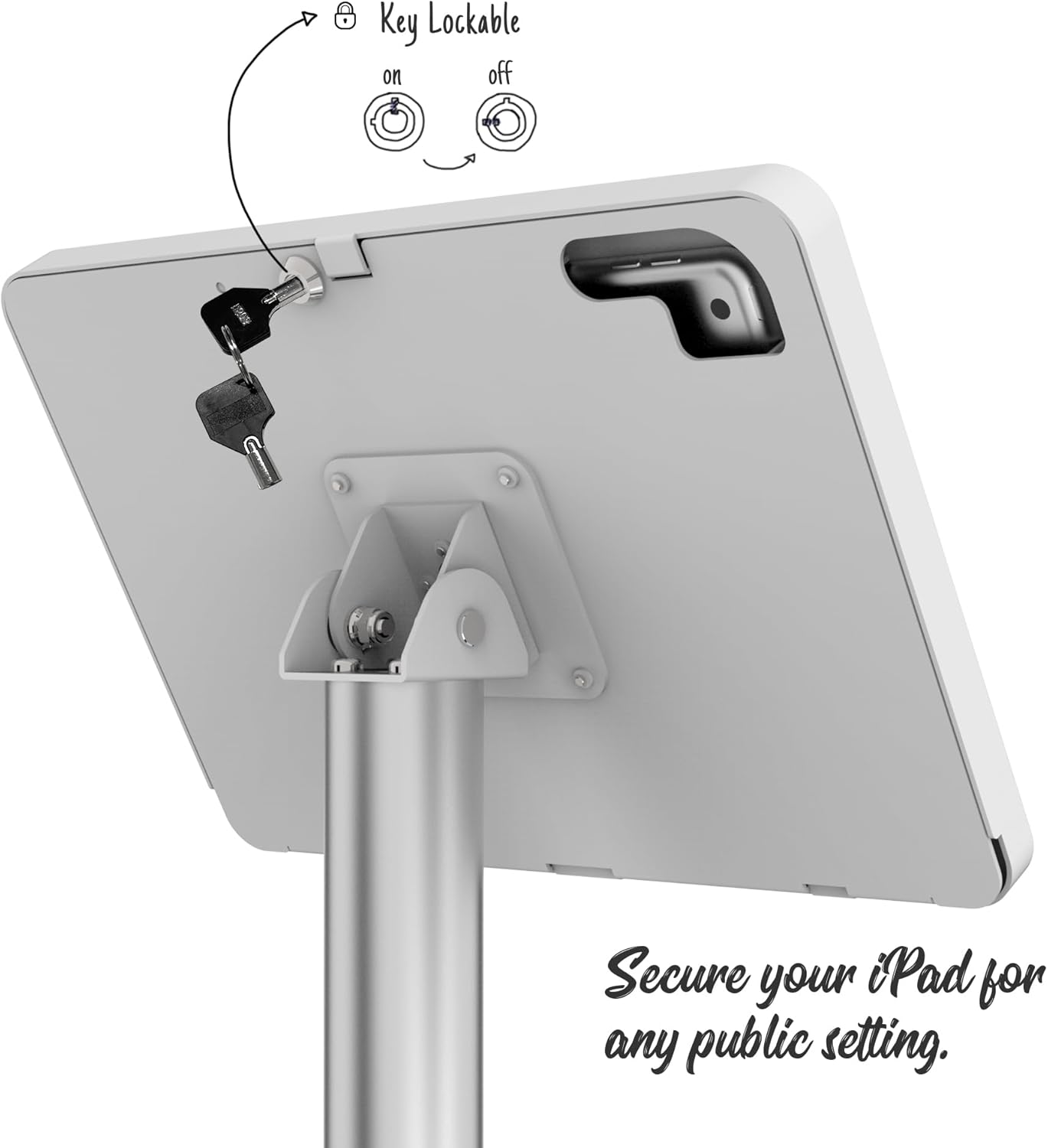 Tablet Floor Stand Compatible with 10.2" iPad 7 8 9, Rotate Lockable Metal Tablet Enclosure+Aluminum Pole+Metal Base - BSF302WT