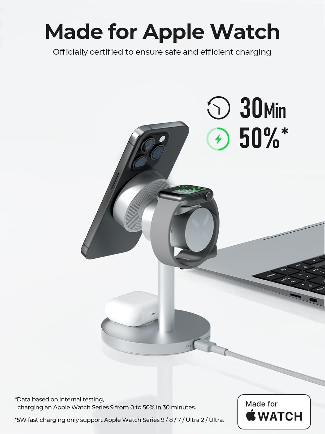 MagFusion 3-in-1 Charging Station Compatible with MagSafe, Qi2 Certified 15W Wireless Charger Stand, Magnetic Charger for iPhone 16/15/14/13/12, Apple Watch, AirPods, Silver