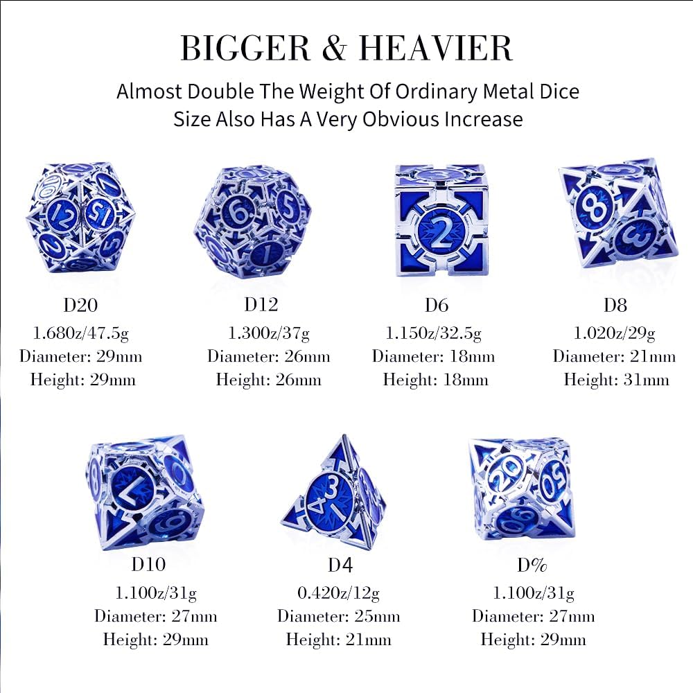 RULE DND Dice Set Metal Blue Solid Weighted D&D Dungeons & Dragons Polyhedral D20 D4 D12 D10 D% D8 D6 with Gift Box