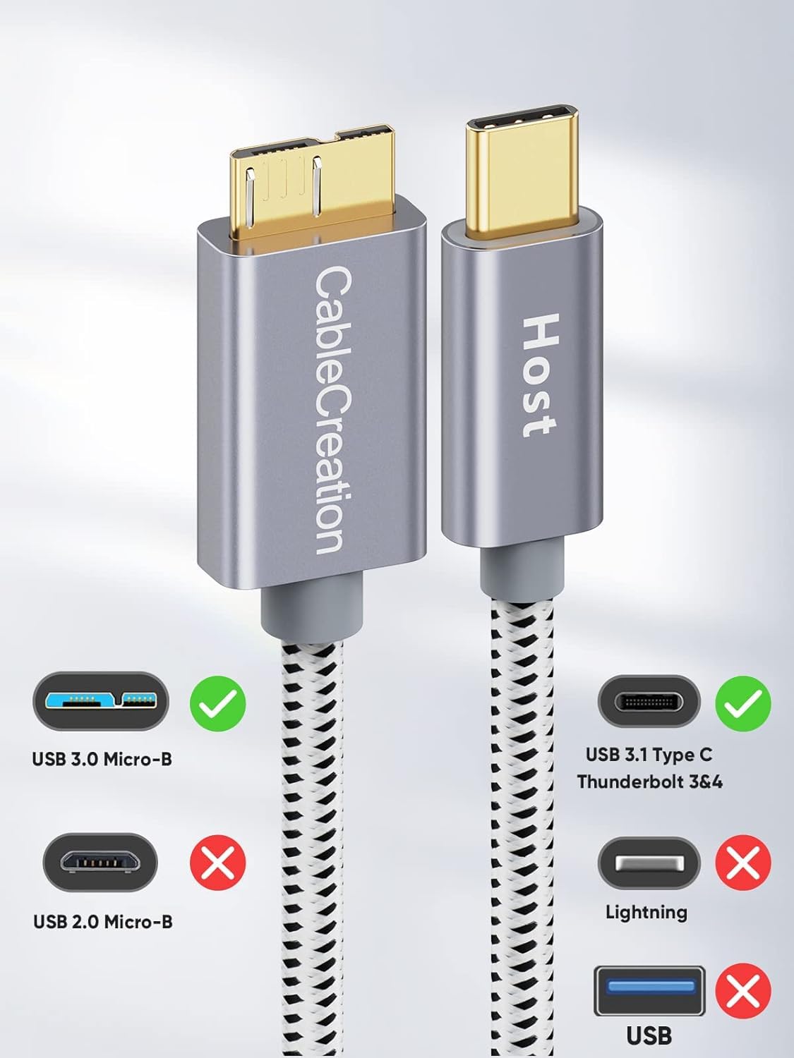 CableCreation 3.3ft*2 USB C to Micro B Cable,10Gbps Speed External Hard Drive Braided,USB 3.1 Type C to Micro B Work for iPhone 15 Series,Seagate WD Westgate My Passport,MacBook Pro,iPad/Tablet,Grey
