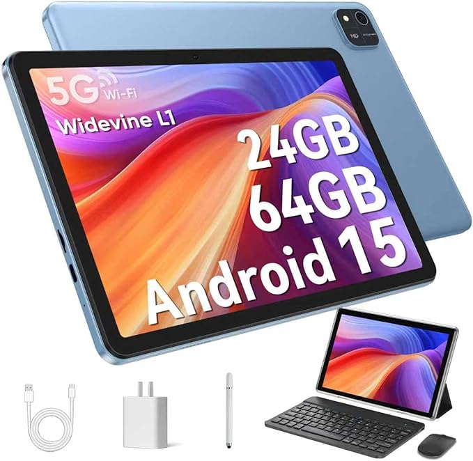 Android 15 Tablet 10.1 inch Tablet 2025 Latest Tablets with Keyboard Mouse 24GB+64GB 2TB Expand 6000mAh Octa-Core Processor Dual Camera WiFi 1280x800 IPS 18W Fast Charging