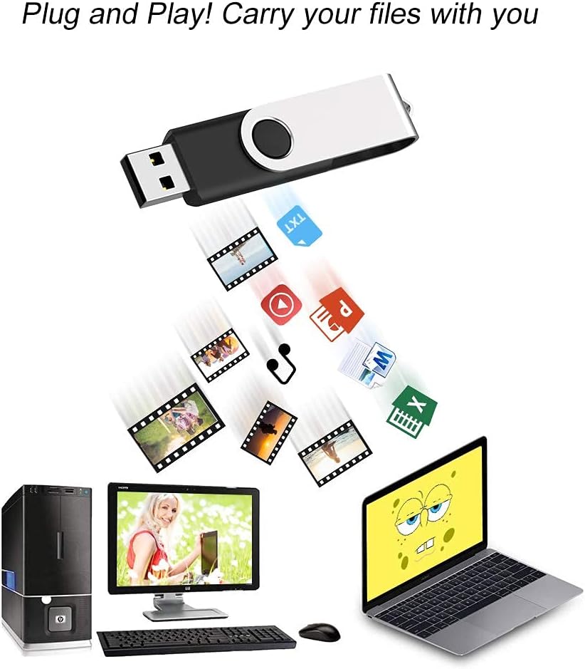JUANWE 16GB USB Flash Drive 50 Packs, Bulk Thumb Drives FAT32 Foldable 360°Swivel Memory USB Sticks with Lanyard Hole, Jump Drive Mutipack Pen Drive Zip Drive Portable Flashdrive for PC/Mac, Black
