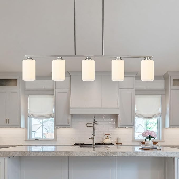 Island Light for Kitchen, Brushed Nickel Dining Room Light Fixture Over Table with Milk Glass Shade, 5-Light Linear Chandelier Pendant Lighting for Dining Table Kitchen Island Living Room