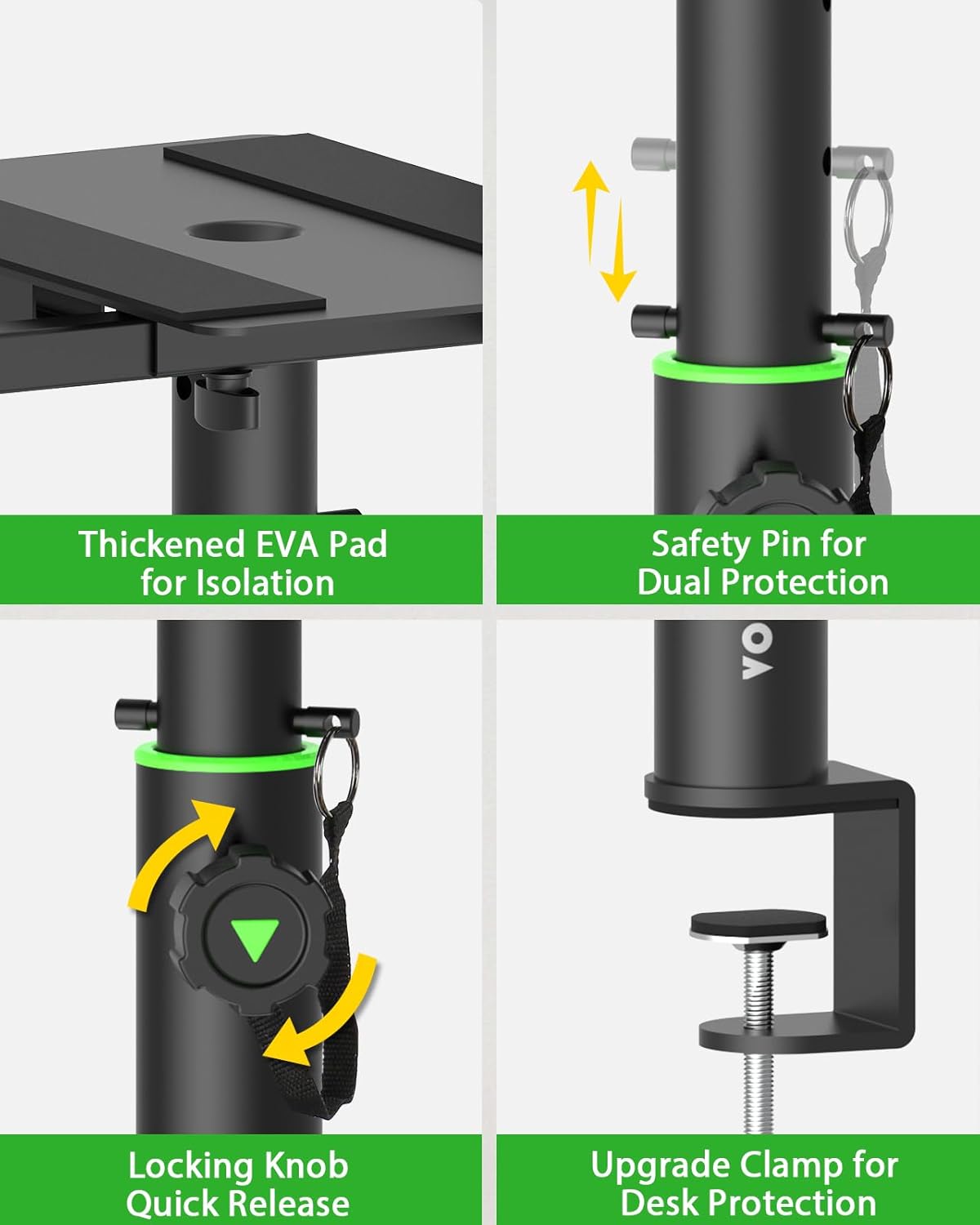 Set of 2 Dual Side Clamping Studio Monitor Stands Short Desktop Clamp Speaker Stands Height Adjustable Extendable Top Plate Mounted by Screws