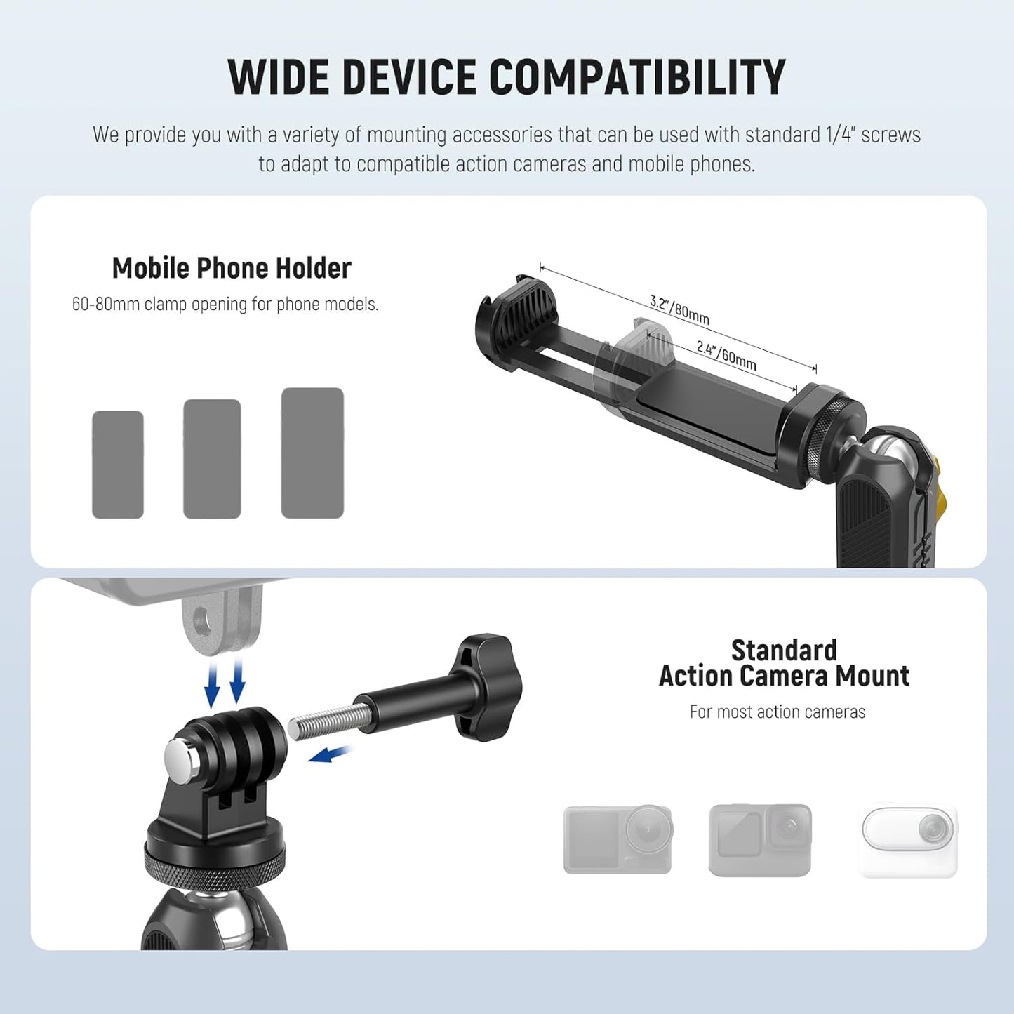Neewer Magnetic Action Camera Car Mount Kit with Magic Arm Stand & Phone Holder Attachment Compatible with GoPro Hero 13 12 11 10 Go Pro Max DJI Action Insta360 iPhone 16 Pro Max S24 Ultra, GP-40