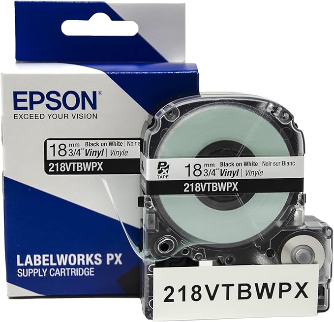 Epson LABELWORKS 218VTBWPX Genuine Tape Cartridge - Black on White Flexible and Durable Vinyl Industrial Label Maker Tape - 3/4" (18MM) Wide, 22.9 ft