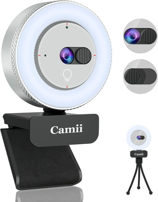 2K Webcam with Light, HD Webcam for PC with Built-in Privacy Cover, Adjustable Brightness, Noise Reduction Mics, for Zoom Skype Teams Laptop and Google Meet