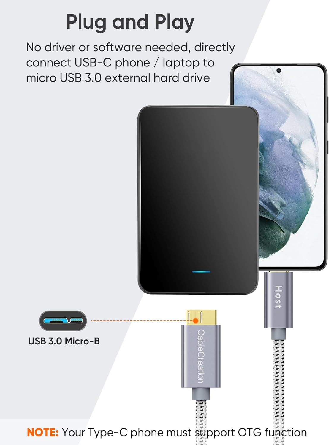 CableCreation 2FT USB C to Micro B Cable,10Gbps Speed External Hard Drive Braided,USB 3.1 Type C to Micro B Work for iPhone 15 Series,Seagate WD Westgate My Passport,MacBook Pro/Air, iPad/Tablet,Grey