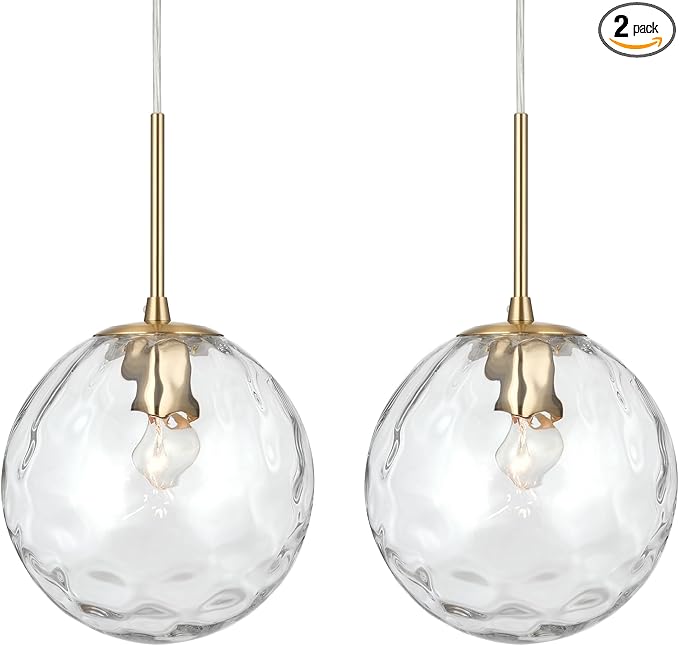 ALICE HOUSE 2 Packed 8-inch Modern Kitchen Island Pendant Lights, Hammered Glass, Gold Farmhouse Pendant Lighting, Brushed Brass Hanging Light Fixtures for Bathoom, Entryway and Hallway AL4201-P2