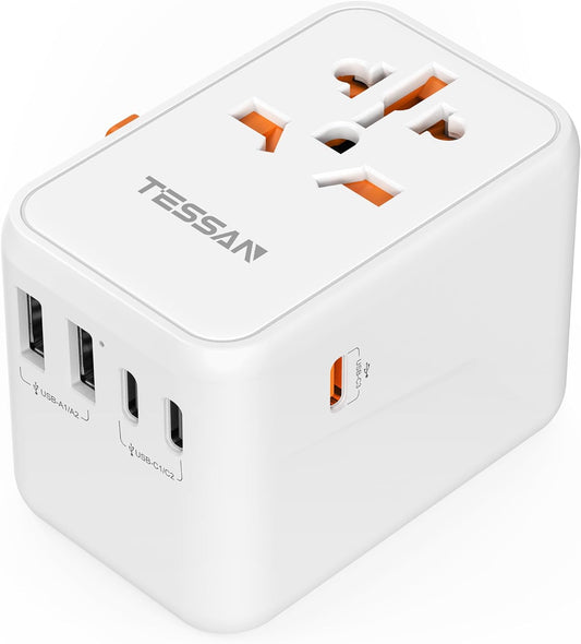 TESSAN Universal Travel Adapter Worldwide, GaN 65W International Plug Adaptor with 3 USB C 2 USB A Ports, World Power Outlet for European USA UK Australia Ireland(Type C/G/A/I)