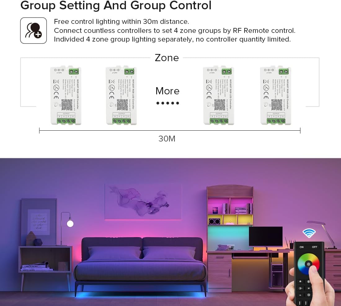 BTF-LIGHTING RF 2.4GHz Wireless Remote RC03RFB & C03RF Tuya Controller Kit 4 Zones Group Control PWM 5050SMD FCOB COB RGB (+ R G B) 4pin LED Strip DC5V DC12V DC24V