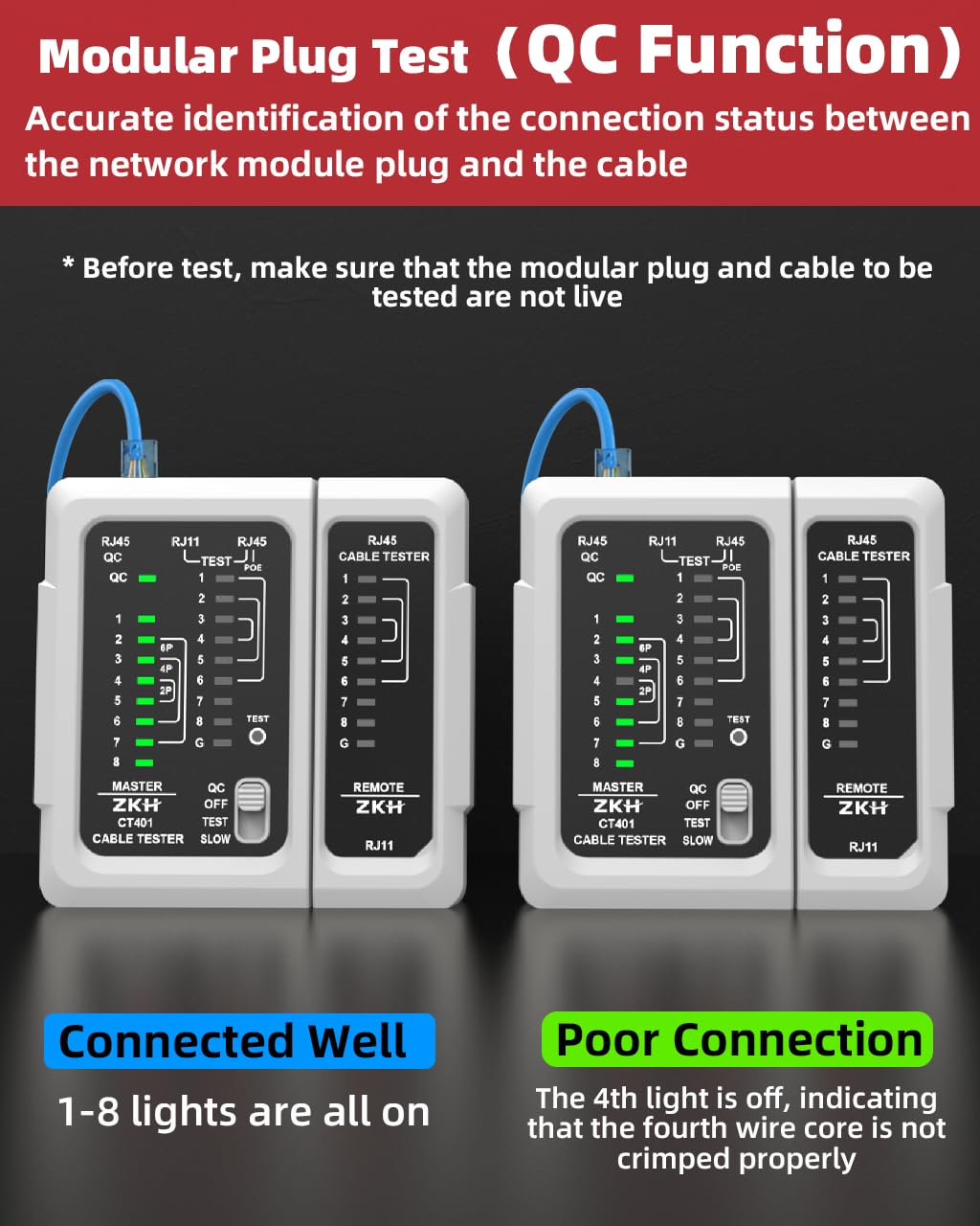 ZKH RJ45 Network Cable Tester, LAN & TEL Continuity Tester, Ethernet Cable Tester for RJ45, RJ11, RJ12, CAT5, CAT6, POE Test UTP/STP Shielded Ethernet Wires Test Tool