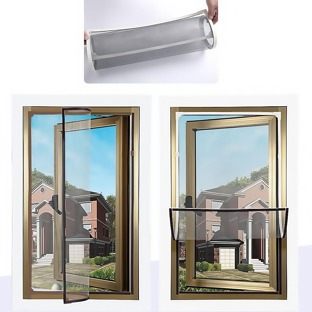 VKX Adjustable DIY Magnetic Window Screen, Fiberglass Mesh, Strong(720GS) Magnetic Strips, White Frames Grey Mesh, Suitable for Various Types of Screen Windows (48 "x 60")