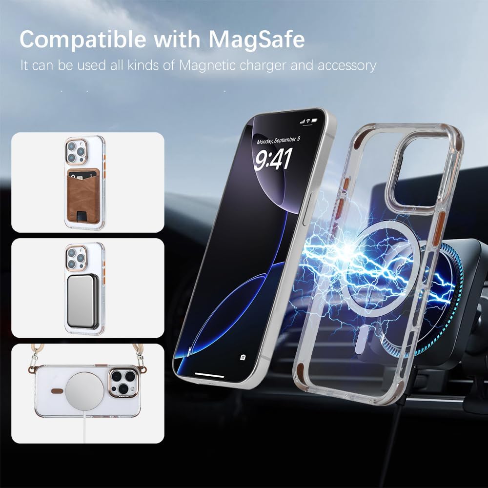 for iPhone 15 Pro Case with 62.99 inch Lanyard, Compatible with MagSafe, Shockproof Military-Grade Protection, Yellowing Resistant, Adjustable Strap Magnetic Phone Case, Classic Clear&Brown
