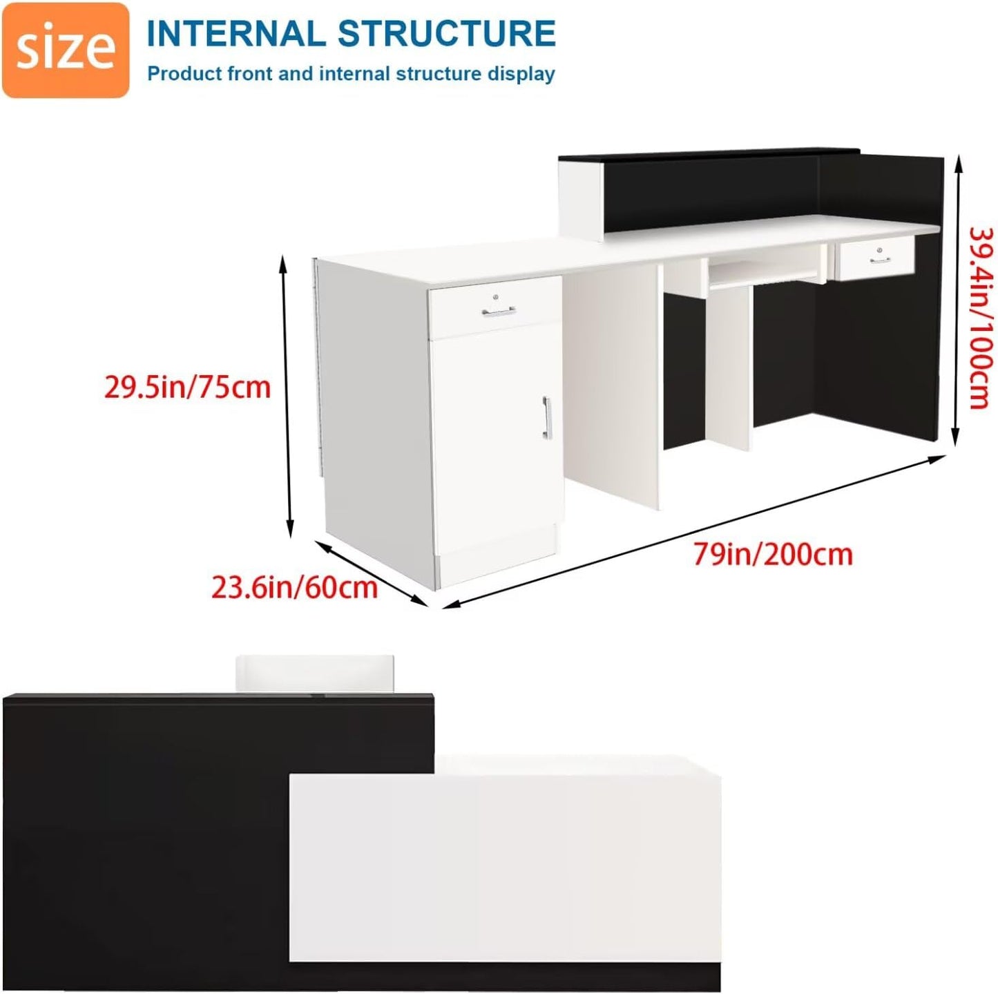 Reception Desk with Counter Modern Checkout Counter with Lockable Drawer Keyboard Tray Receptionist Desk for Office Salon Reception Table P Right 79inch/200cm