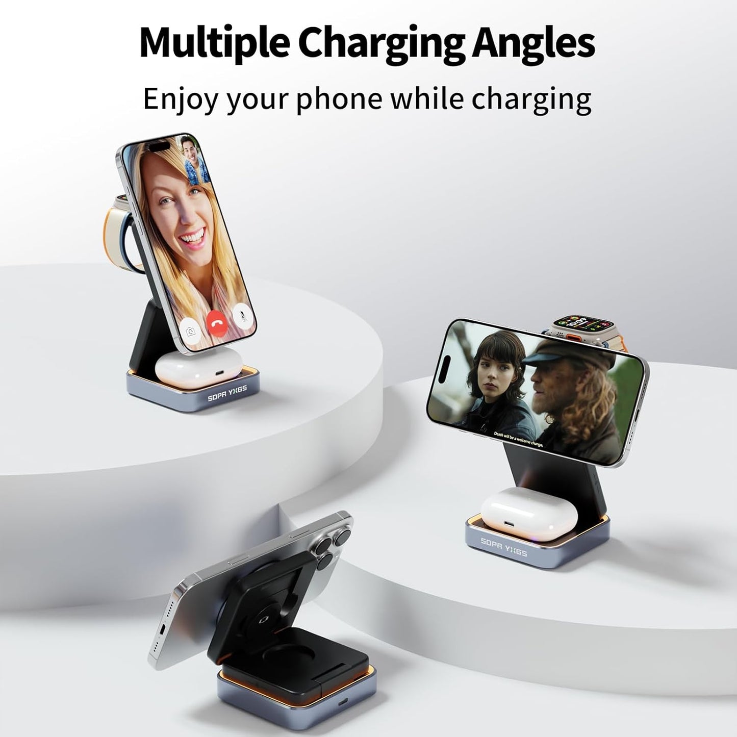 2025 Upgraded 3-in-1 Magnetic Wireless Charger,Charging Stand,Charging Station,for iPhone 12-16,iWatch,AirPods,Ultra-Safe, Foldable, with Adjustable Night Light & Included Adapter