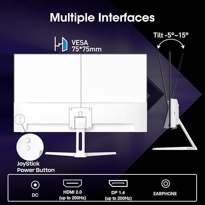 Amzfast 24 Inch Gaming Monitor 200Hz FHD 1080p Fast IPS Computer Monitor, 110% sRGB 1ms HDR Support Adaptive Sync, Eye Care VESA Mount HDMI 2.0 | Display Port 1.4 White Monitor, AMZG24X1W