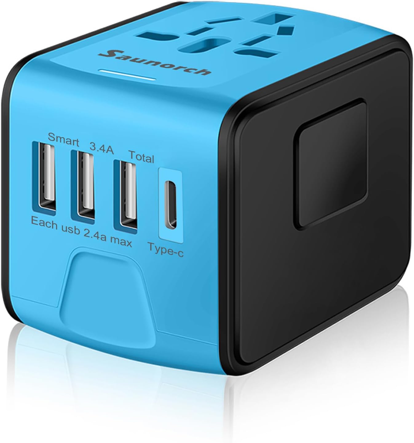 Travel Adapter Worldwide, Universal International Power Plug Adapter W/2.4A 3xUSB-A and 3.0A Type-C Wall Charger, European Travel Plug Adapter for Europe UK EU US CA AU Italy Asia-Blue