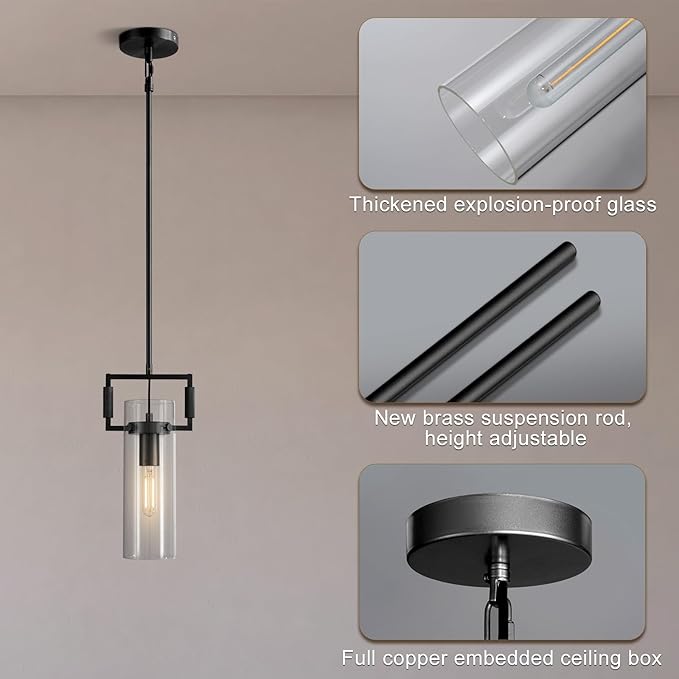 Modern Kitchen Island Pendant Lights 2 Pack,12 Inch Black Farmhouse Pendant with Copper Glass Shade | Hanging Lights for, Bathroom Vanity, Bedroom