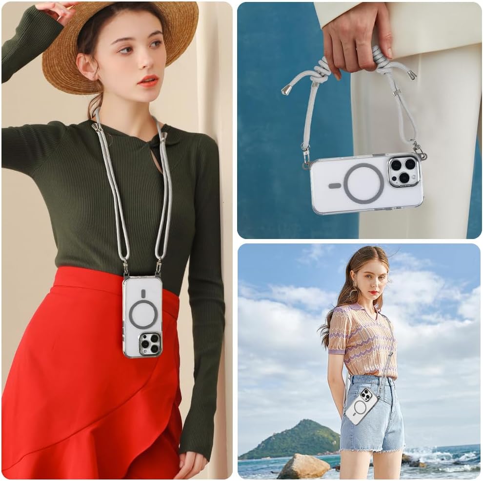 for iPhone 14 Pro Case with 62.99 inch Lanyard, Classic Clear&Gray Magnetic Phone Case, Drop&Shockproof Protection Cases, Phone Lanyard for Around The Neck, Compatible with Magnet Accessory