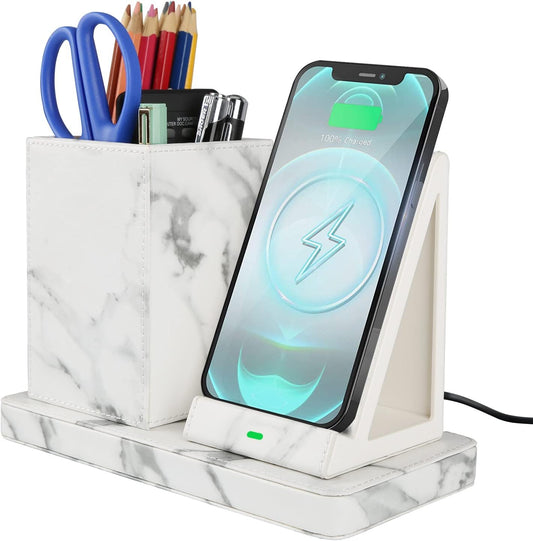 Wireless Charger with Desk Organizer, Wireless Charging Station for iPhone 13/13 Pro Max/13 Pro/12 Series/11/XS Max/XR/X/8Plus/SE 2, Wireless Charging Stand with Leather… (Marble)