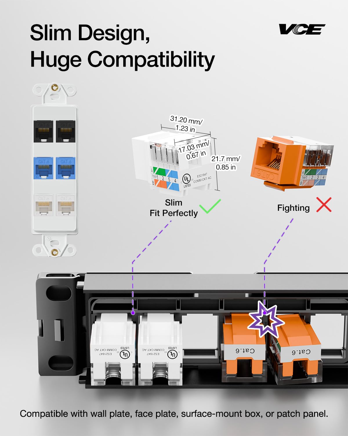 VCE UL Listed 10Gbps Cat6 Keystone Jack Insert 25-Pack, 90 Degree Punch Down RJ45 Keystone Jack Adapter Slim Profile for Patch Panel and Wall Plate