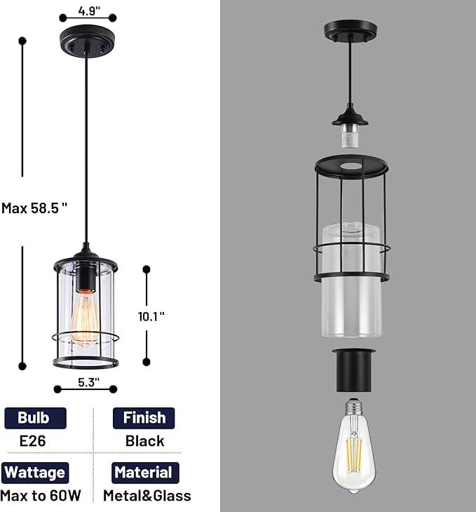 Pendant Lights, Black Hanging Light Fixtures Kitchen Island 2 Pack with Clear Glass, Modern Industrial Cage Pendant Lighting for Kitchen Dining Room Entryway Bathroom