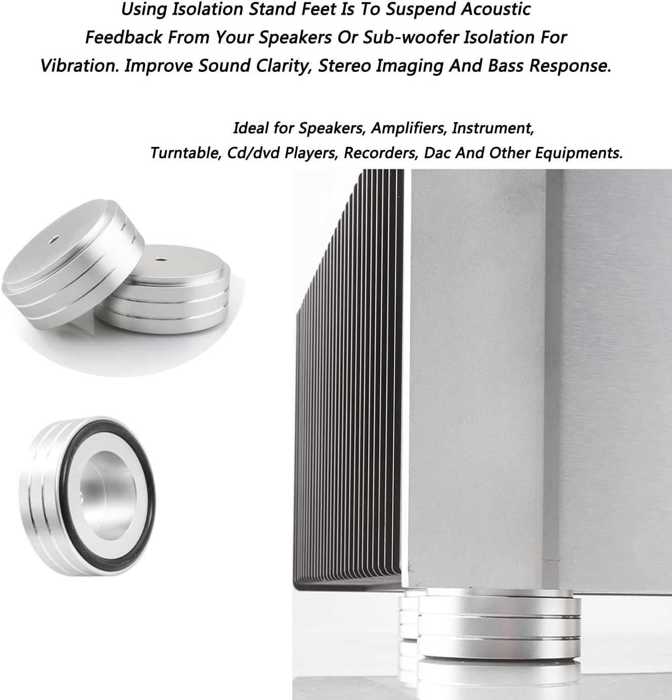 Tertullus 4 Pcs Turntable Feet Aluminum HiFi Turntable Isolation Feet Aluminum Stand Speakers Spikes Audio Pads 58x22mm for HiFi Amplifier/Speaker/Turntable/Player(Silver)