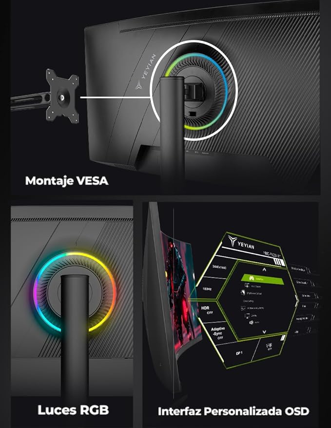YEYIAN 34 inch Ultrawide Curved 180Hz Gaming Computer Monitor 1ms 1500R VA Screen PC, 21:9 WQHD (3440x1440), 178°Viewing Angle, sRGB 129%, DCI-P3 92%,FreeSync,HDMI x2,DP1.4 x2,Tilt Adjustable