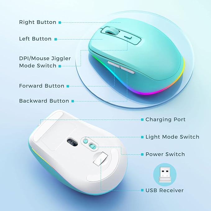PEIOUS Wireless Mouse, Mouse Jiggler - LED Wireless Mice with Build-in Mouse Jiggler Mover, Rechargeable Moving Mouse for Computer with Undetectable Random Movement Keeps Computer Awake - Green
