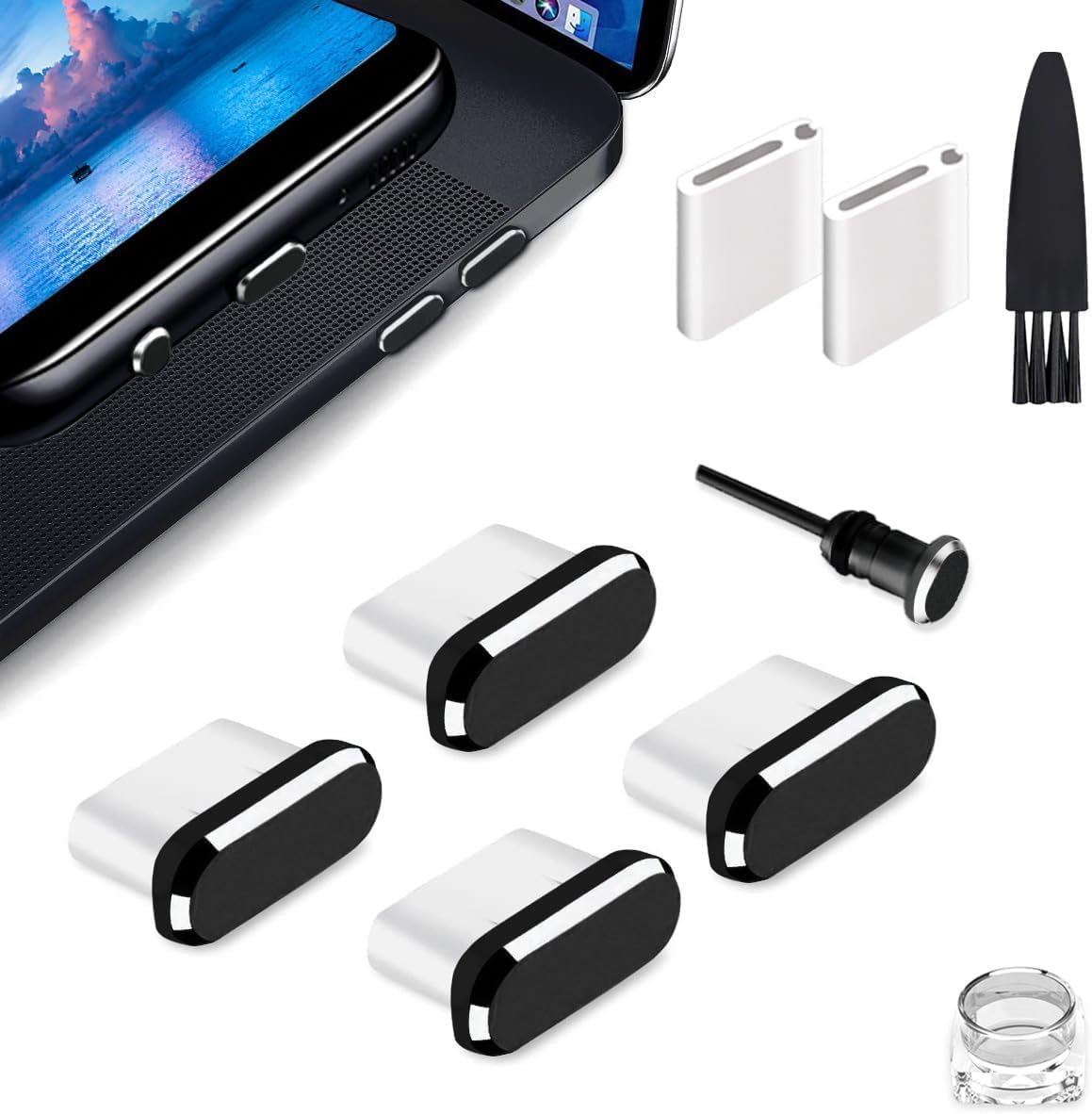TOCOL USB C Dust Plug 4 Pack Type C Anti Dust Plug Cover Charging Port Protector Cap with Cleaning Brush for iPhone