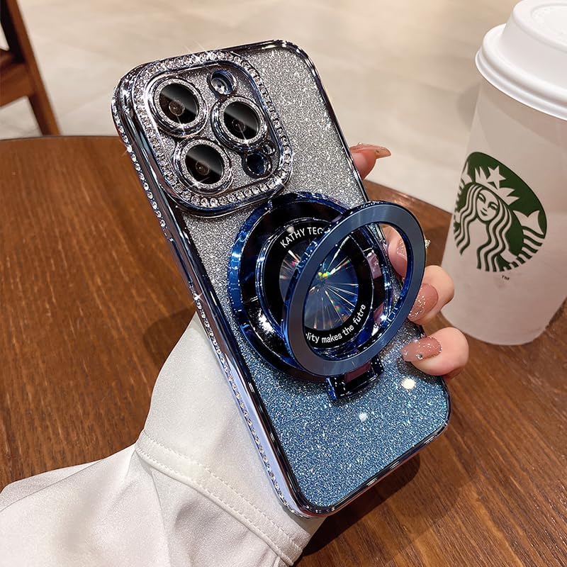 Magnetic Kickstand (Glitter Lens Protector ) Case for IPhone 15 14 13 12 Pro Max (Compatible with Magsafe ) Sparkling Diamond Cover Glitter Shiny Rhinestone Cases (Blue,for iPhone 14 Pro)