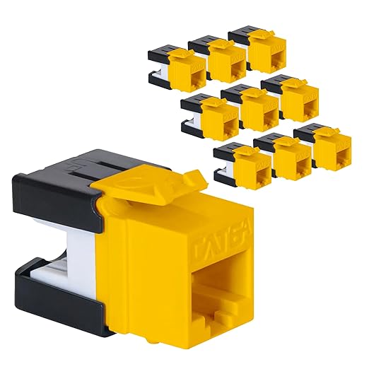 ICC CAT6A Keystone Jack with Slim Profile 180 Degree Punch Down, 10Gbps RJ45 UL Listed PoE++ TAA Compliant for Wall Plate or Patch Panel, Works with JackEasy Termination Tool, Yellow 10 Pack