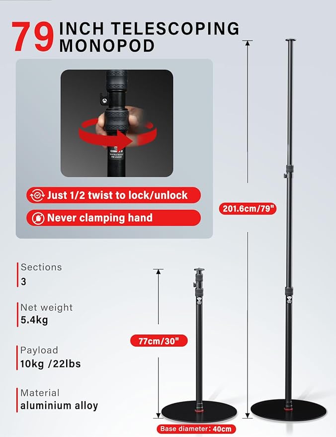 IFOOTAGE A400 Round Base Monopod, 79'' Light Stand Tripod Alternative, Aluminum Studio Camera Tripod Monopod Stand for Video Recording, Live Streaming, Interview, Payload 22lb (2 Pack)