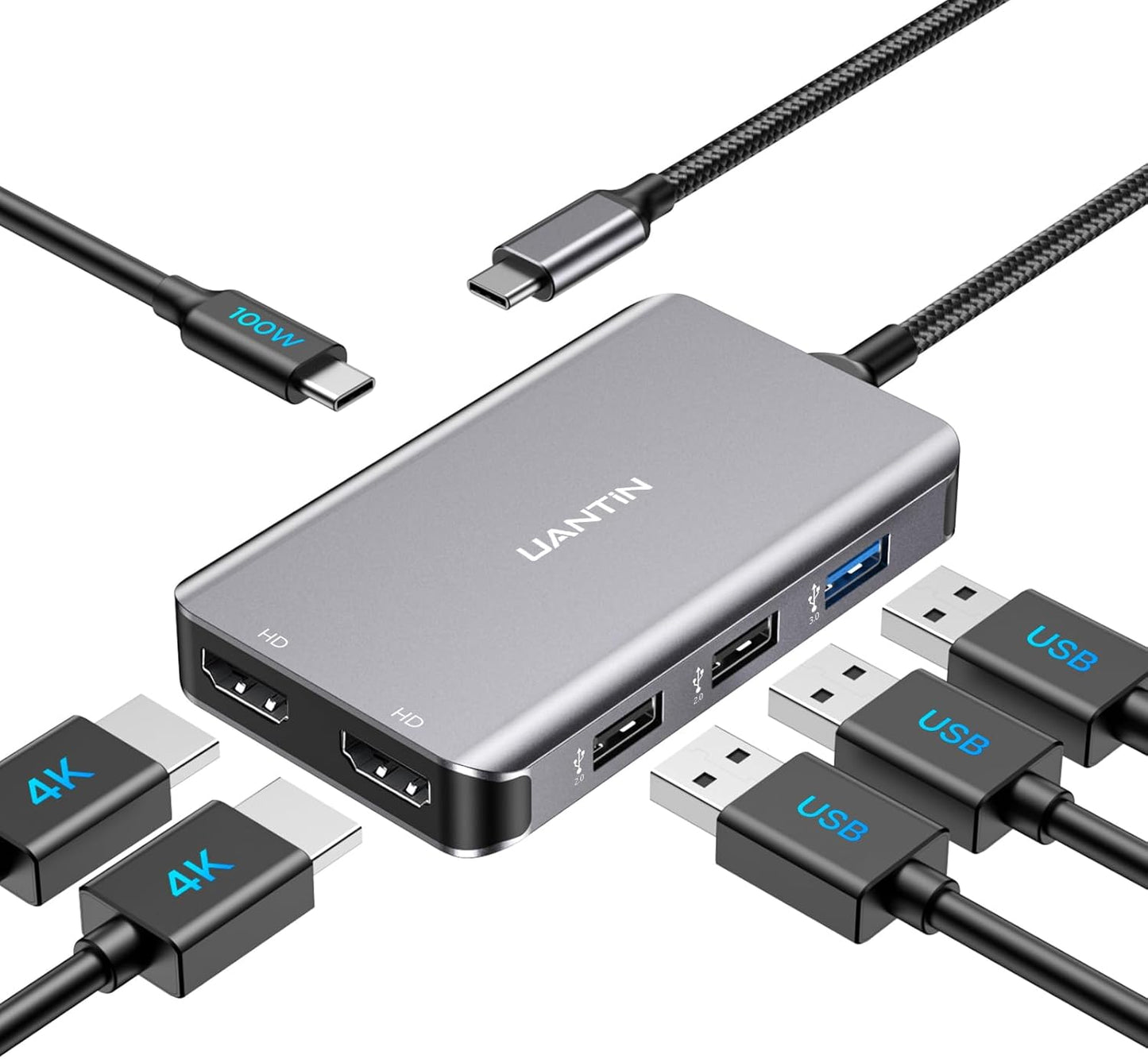 USB C Docking Station Dual Monitor with 2 HDMI, 6-in-1 USB C Hub, Laptop Docking Station with 4K HDMI, 3 USB-A, 100W PD Charging, Thunderbolt Dock Compatible with Dell, HP, Lenovo, Surface