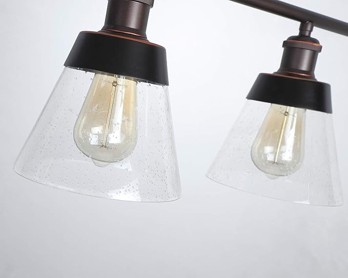 Rustic Glass Kitchen Island Lighting, Clear Seeded Glass Linear Chandelier, 3 Lights Adjustable Rod Industrial Pendant Light Fixture for Kitchen Island Dining Room Farmhouse, Oil Rubbed Bronze