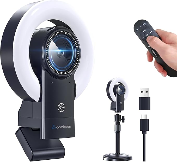 4K Webcam with Light, Web Cam with Speaker, Dual Noise Reduction Plug and Play, Web Camera for Desktop Computer, Auto-Focus, Privacy Protection, Webcam for PC Zoom Skype