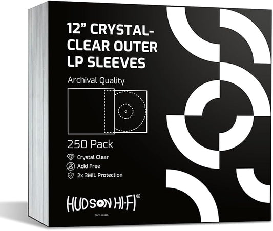 New Hudson Hi-Fi Vinyl Record Outer Sleeve Covers - 250 Pack - Premium Crystal Clear Sleeves - Protect Your LP Albums from Scratches, Dirt & Dust - 3 Layers of 30µm Thick No-Acid Exterior Disc Cover