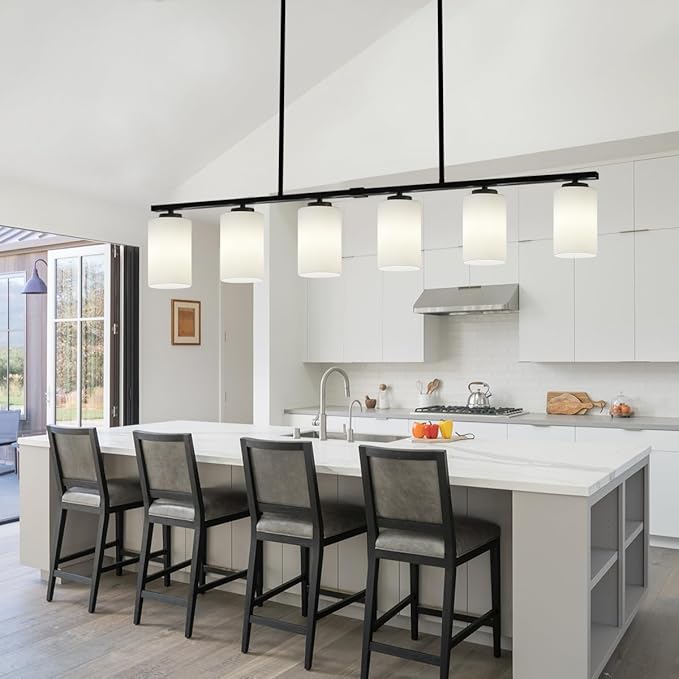 6-Light Island Lights for Kitchen Pendant Lighting Over Island Black Dining Room Light Fixtures Over Table, 45.27'' Modern Farmhouse Large Chandeliers with Milky Glass Shade