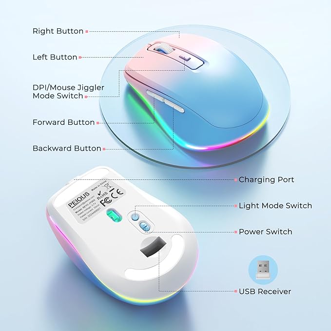 PEIOUS Wireless Mouse Jiggler - LED Wireless Mice with Build-in Mouse Mover, Rechargeable Moving Mouse for Laptop with Undetectable Random Movement Keeps Computers Awake - Blue to Pink